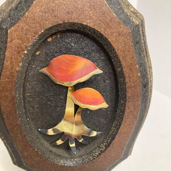 70s Mushroom & Maple Leaf MCM Copper Metal Wood Wall Art Plaque 5 x 7.5" - Picture 3 of 4
